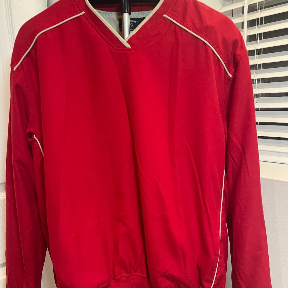 JA7021- Callaway Golf Red Pullover Jacket White Trim V‑Neck Windbreaker